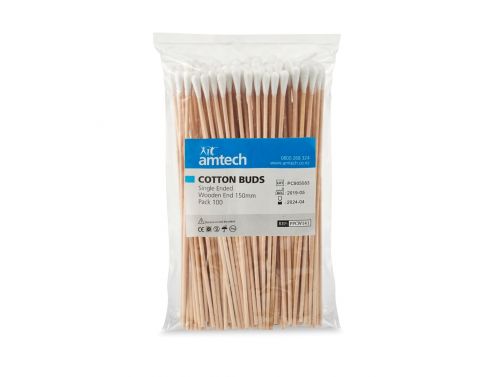 COTTON BUDS AMTECH / SINGLE ENDED WOODEN / NON STERILE / 15CM / PKT/100