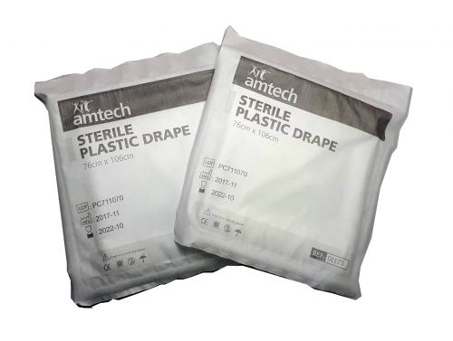 AMTECH PLASTIC TRANSPARENT DRAPE / STERILE / 76CM X 106CM / EACH 