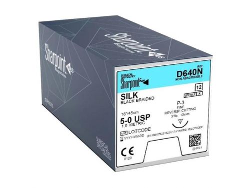 SHARPOINT SILK BLACK 3/8 SUTURES / 5-0 / 13MM / 45CM / RC / BOX OF 12