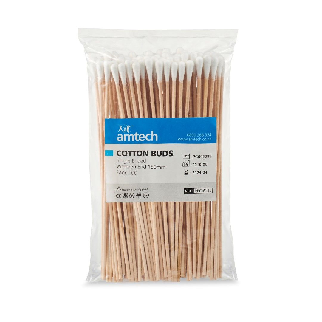 COTTON BUDS AMTECH / SINGLE ENDED WOODEN / NON STERILE / 15CM / PKT/100 photo