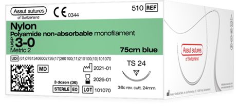 ASSUT NYLON 3/8 CIRCLE SUTURES / 19MM / 3-0 / 75CM / RC / BOX OF 36 photo