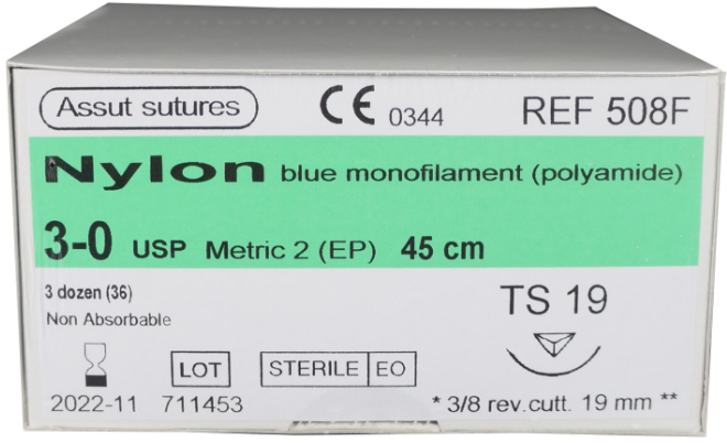 ASSUT NYLON 3/8 CIRCLE SUTURES / 19MM / 3-0 / 45CM / RC / BOX OF 36 photo