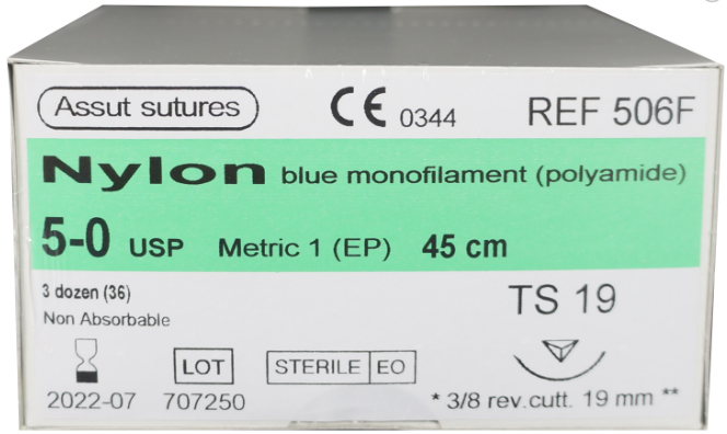 ASSUT NYLON 3/8 CIRCLE SUTURES / 19MM / 5-0 / 45CM / RC / BOX OF 36 photo