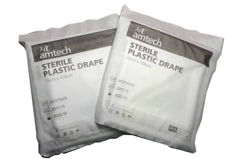 AMTECH PLASTIC TRANSPARENT DRAPE / STERILE / 76CM X 106CM / EACH 