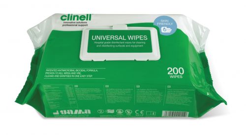 CLINELL UNIVERSAL DISINFECTANT AND SANITISING WIPES / PKT 200 / GREEN