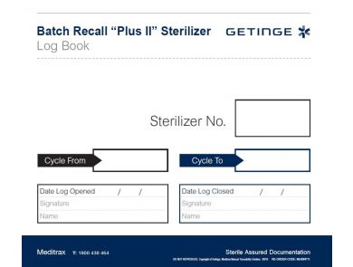 GETINGE MEDITRAX  RECALL PLUS II LOG BOOK / EACH 